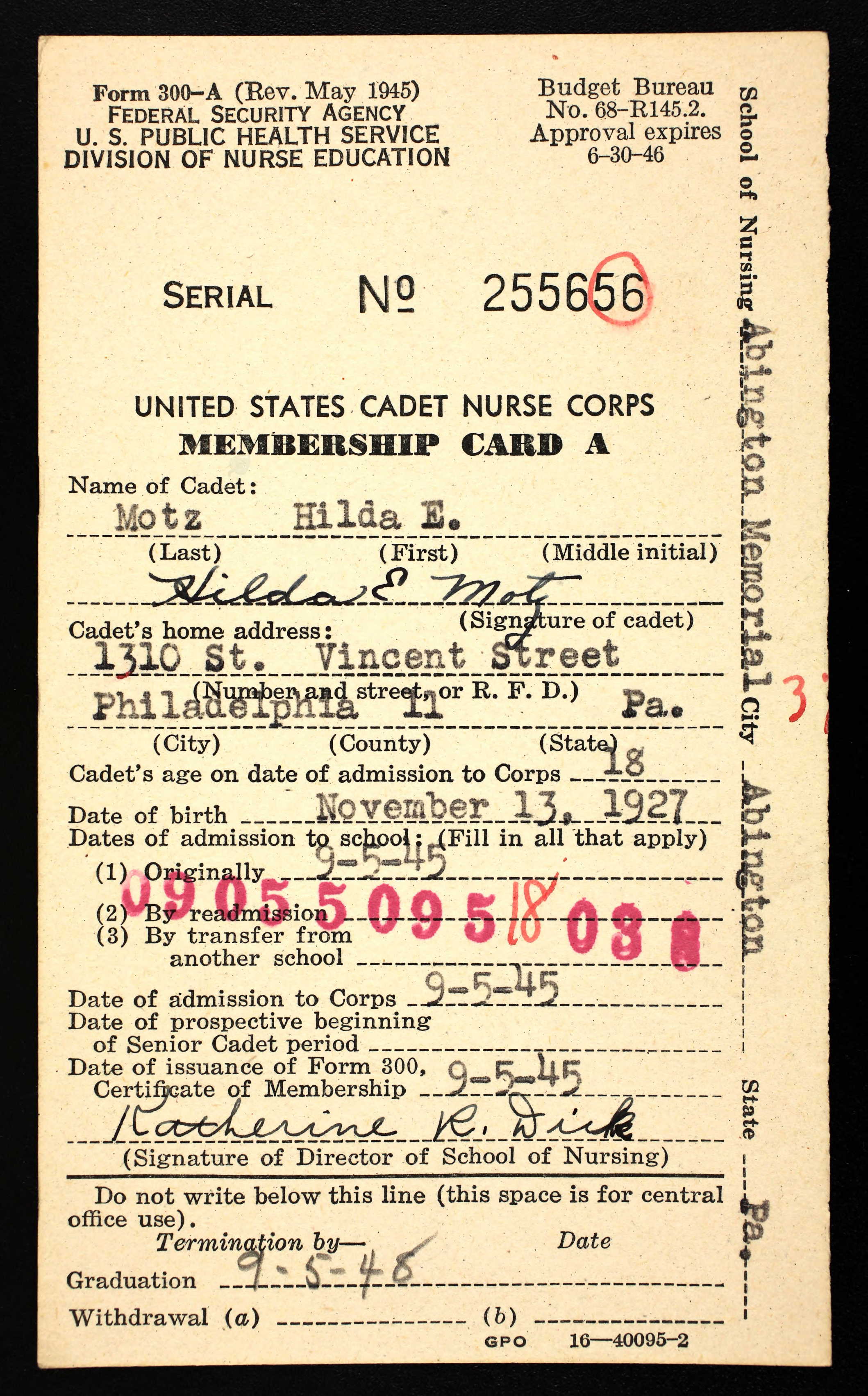 Hilda Motz membership card