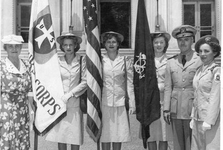 Frances Payne Bolton, Thomas Parran, and Lucile Petry Flank 3 Cadet Nurse flag bearers