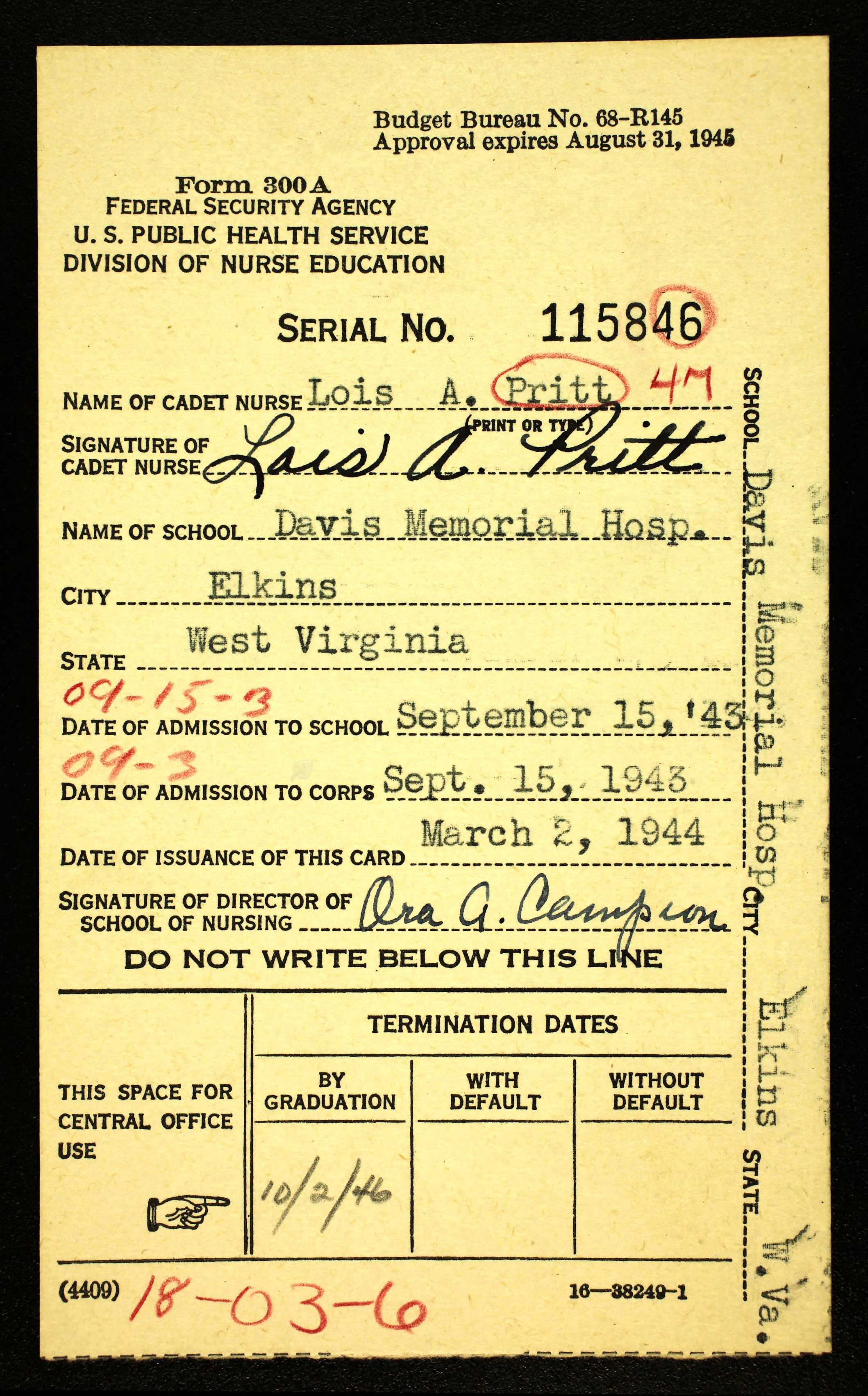 Lois Armstrong Pritt's membership card
