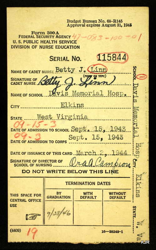 Betty Jane Linn Hull's Cadet Nurse membership card